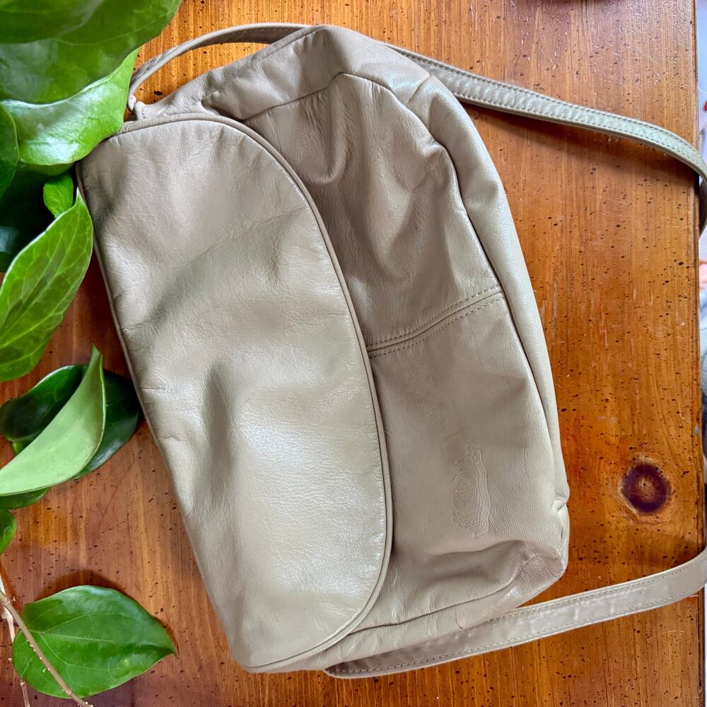 Vintage Taupe Leather Shoulder Bag Made in USA Slouchy Minimalist Purse Soft